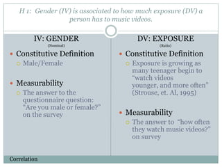 H 1: Gender (IV) is associated to how much exposure (DV) a
                  person has to music videos.

         IV: GENDER                     DV: EXPOSURE
              (Nominal)                        (Ratio)

? Constitutive Definition         ? Constitutive Definition
  ? Male/Female                     ? Exposure is growing as
                                      many teenager begin to
                                      watch videos
? Measurability                       younger, and more often
  ? The answer to the                 (Strouse, et. Al, 1995)
    questionnaire question:
    Are you male or female?
    on the survey                 ? Measurability
                                    ? The answer to how often
                                      they watch music videos?
                                      on survey


Correlation
 
