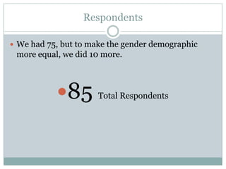 Respondents

? We had 75, but to make the gender demographic
 more equal, we did 10 more.



           ?85 Total Respondents
 