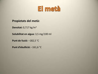 Propietats del metà:
Densitat: 0,717 kg/m3

Solubilitat en aigua: 3,5 mg/100 ml

Punt de fusió: −182,5 °C

Punt d’ebullició: −161,6 °C
 