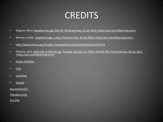 CREDITS
•    Wagner, Mary. strawberries.jpg. Dec-99. Pics4Learning. 24 Jan 2012 <http://pics.tech4learning.com>

•    keeney, carolyn. grapefruit.jpg. 1-Aug. Pics4Learning. 24 Jan 2012 <http://pics.tech4learning.com>

•    http://www.census.gov/foreign-trade/statistics/state/data/imports/fl.html

•    Peterlin, John. 6091130-r1-022-9a.jpg. Tuesday, January 11, 2005, 4:01:44 AM. Pics4Learning. 30 Jan 2012
     <http://pics.tech4learning.com>

•    Gisela Giardino

•    Fido

•    Loozrboy

•    Google

Numantino312
Theodora.com
Tim Ellis
 