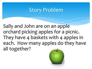 Story Problem

Sally and John are on an apple
orchard picking apples for a picnic.
They have 4 baskets with 4 apples in
each. How many apples do they have
all together?
 