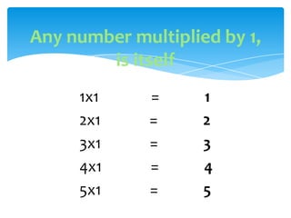 Any number multiplied by 1,
        is itself
     1x1     =      1
     2x1     =      2
     3x1     =      3
     4x1     =      4
     5x1     =      5
 