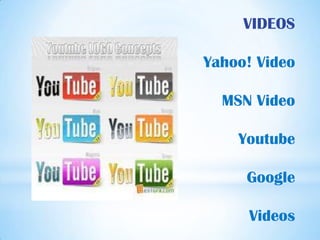 VIDEOS

Yahoo! Video

  MSN Video

    Youtube

     Google

     Videos
 