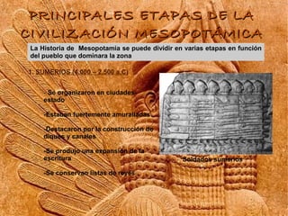 PRINCIPALES ETAPAS DE LA
CIVILIZACIÓN MESOPOTÁMICA
L Historia de Mesopotamia se puede dividir en varias etapas en función
...
