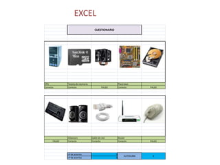 EXCEL
                                         CUESTIONARIO




CPU               Tarjeta de memoria   Ventilador           Placa base      Disco duro




CPU               Tarjeta de memoria                        Placa base
Correcto          Correcto                     FALSO        Correcto                FALSO




Teclado           Altavoces            Cable de red         Router          Raton




                  Altavoces            Cable de red         Router
          FALSO   Correcto             Correcto             Correcto                FALSO




                  nº de aciertos                        3
                                                                 AUTOSUMA                6
                  nº de aciertos                        3
 