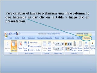 Para cambiar el tamaño o eliminar una fila o columna lo
que hacemos es dar clic en la tabla y luego clic en
presentación.




                                                          7
 