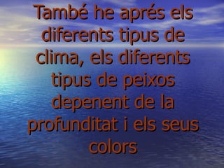 També he aprés els
  diferents tipus de
 clima, els diferents
    tipus de peixos
    depenent de la
profunditat i els seus
         colors
 