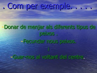 . Com per exemple. . . . .

-Donar de menjar als diferents tipus de
              peixos .
       -Fecundar nous peixos.
                  i
   -Guar-nos al voltant del centre.
 