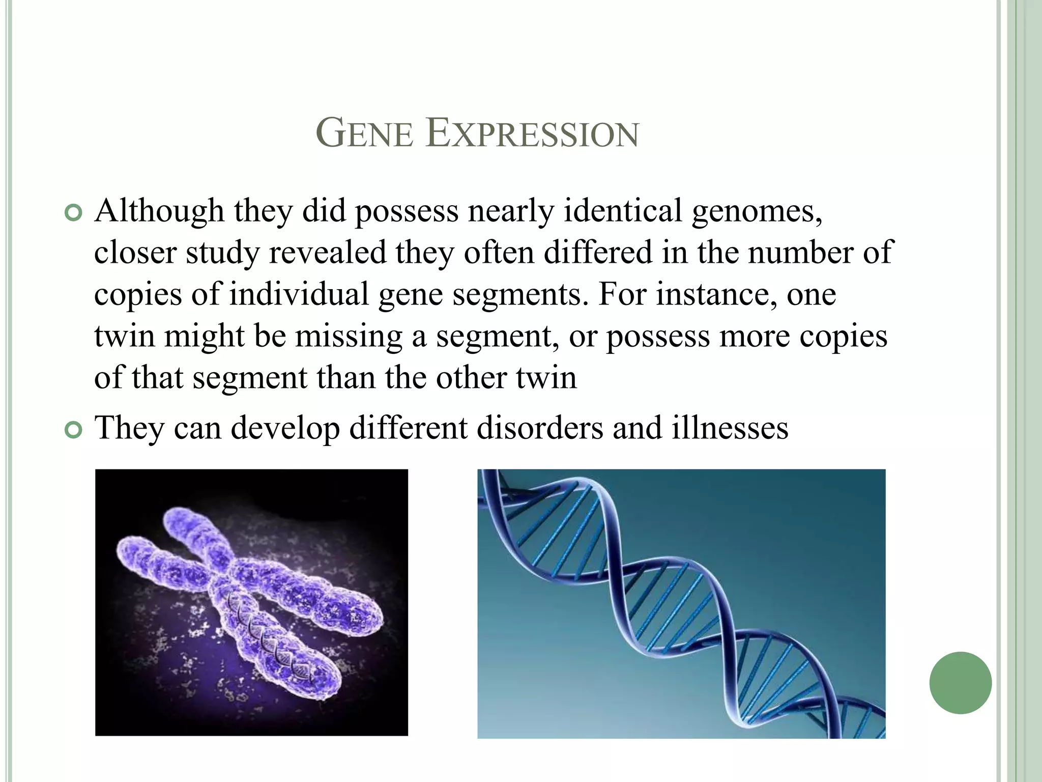 GENE EXPRESSION
 Although they did possess nearly identical genomes,
closer study revealed they often differed in the number of
copies of individual gene segments. For instance, one
twin might be missing a segment, or possess more copies
of that segment than the other twin
 They can develop different disorders and illnesses
 
