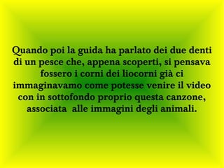 Quando poi la guida ha parlato dei due denti
di un pesce che, appena scoperti, si pensava
      fossero i corni dei liocorni già ci
immaginavamo come potesse venire il video
 con in sottofondo proprio questa canzone,
   associata alle immagini degli animali.
 