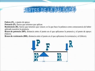 Fulcro (F),  o punto de apoyo Potencia (P) , fuerza que tenemos que aplicar. Resistencia (R) , fuerza que tenemos que vencer; es la que hace la palanca como consecuencia de haber aplicado nosotros la potencia. Brazo de potencia (BP) , distancia entre el punto en el que aplicamos la potencia y el punto de apoyo (fulcro). Brazo de resistencia (BR) , distancia entre el punto en el que aplicamos la resistencia y el (fulcro). PARTES DE LA PALANCA P R F BR BP 