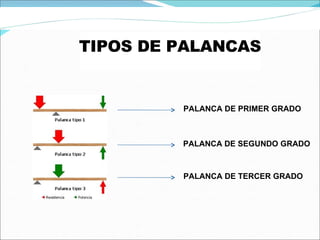 PALANCA DE PRIMER GRADO PALANCA DE SEGUNDO GRADO PALANCA DE TERCER GRADO TIPOS DE PALANCAS 