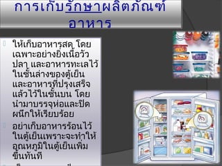 กำรเก็บ รัก ษำผลิต ภัณ ฑ์
            อำหำร
 ให้เก็บอำหำรสด โดย
  เฉพำะอย่ำงยิ่งเนื้อวัว
  ปลำ และอำหำรทะเลไว้
  ในชั้นล่ำงของตูเย็น
                   ้
  และอำหำรทีปรุงเสร็จ
               ่
  แล้วไว้ในชั้นบน โดย
  นำำมำบรรจุห่อและปิด
  ผนึกให้เรียบร้อย
 อย่ำเก็บอำหำรร้อนไว้
  ในตูเย็นเพรำะจะทำำให้
       ้
  อุณหภูมิในตูเย็นเพิ่ม
                 ้
  ขึ้นทันที
 