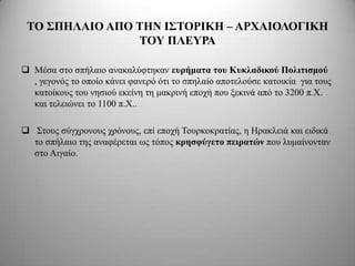ΣΟ ΢ΠΗΛΑΙΟ ΑΠΟ ΣΗΝ Ι΢ΣΟΡΙΚΗ – ΑΡΥΑΙΟΛΟΓΙΚΗ
                ΣΟΤ ΠΛΔΤΡΑ

 Μέζα ζην ζπήιαην αλαθαιύθηεθαλ εςπήμαηα ηος Κςκλαδικού Πολιηιζμού
  , γεγνλόο ην νπνίν θάλεη θαλεξό όηη ην ζπειαίν απνηεινύζε θαηνηθία γηα ηνπο
  θαηνίθνπο ηνπ λεζηνύ εθείλε ηε καθξηλή επνρή πνπ μεθηλά από ην 3200 π.Φ.
  θαη ηειεηώλεη ην 1100 π.Φ..

 Σηνπο ζύγρξνλνπο ρξόλνπο, επί επνρή Τνπξθνθξαηίαο, ε Ηξαθιεηά θαη εηδηθά
  ην ζπήιαην ηεο αλαθέξεηαη σο ηόπνο κπηζθύγεηο πειπαηών πνπ ιπκαίλνληαλ
  ζην Αηγαίν.
 
