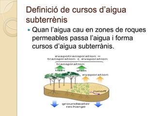 Definició de cursos d’aigua
subterrènis
   Quan l’aigua cau en zones de roques
    permeables passa l’aigua i forma
    cursos d’aigua subterrànis.
 