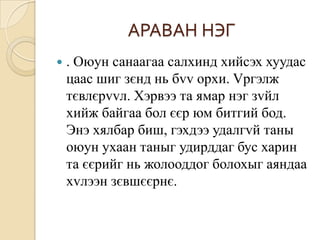 АРАВАН НЭГ
   . Оюун санаагаа салхинд хийсэх хуудас
    цаас шиг зєнд нь бvv орхи. Vргэлж
    тєвлєрvvл. Хэрвээ та ямар нэг зvйл
    хийж байгаа бол єєр юм битгий бод.
    Энэ хялбар биш, гэхдээ удалгvй таны
    оюун ухаан таныг удирддаг бус харин
    та єєрийг нь жолооддог болохыг аяндаа
    хvлээн зєвшєєрнє.
 
