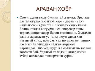 АРАВАН ХОЁР
   Оюун ухаан гэдэг булчинтай л ижил. Эрхлээд
    дасгалжуулах хэрэгтэй харин дараа нь хvч
    чадлыг сорих учиртай. Эхэндээ хэцvv байж
    болно, гэхдээ алгуурхан сайжирсаар таны
    тєрєлх шинж чанар болон тєлєвшинє. Хvндхэн
    ажилд дарагдсан ус таны оюун санаа хэн
    нэгэнтэй ярих, ном сэтгvvл шvvрэн авч унших
    гэх мэтийн vйлдэл хийлгэж амрахыг
    чармайдаг. Энэ vед шууд л амралтыг нь таслан
    зогсоож бай. Удалгvй та хэдэн цагаар нэгэн
    зvйлд анхаарлаа тєвлєрvvлж сурна.
 