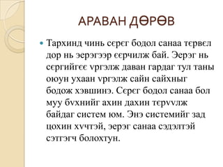 АРАВАН ДӨРӨВ
   Тархинд чинь сєрєг бодол санаа тєрвєл
    дор нь эерэгээр єєрчилж бай. Эерэг нь
    сєргийгєє vргэлж даван гардаг тул таны
    оюун ухаан vргэлж сайн сайхныг
    бодож хэвшинэ. Сєрєг бодол санаа бол
    муу бvхнийг ахин дахин тєрvvлж
    байдаг систем юм. Энэ системийг зад
    цохин хvчтэй, эерэг санаа сэдэлтэй
    сэтгэгч болохтун.
 