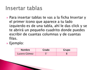    Para insertar tablas te vas a la ficha Insertar y
    el primer ícono que aparece a tu lado
    izquierdo es de una tabla, ahí le das click y se
    te abrirá un pequeño cuadrito donde puedes
    escribir de cuantas columnas y de cuantas
    filas.
   Ejemplo:
           Nombre       Grado        Grupo
         Lucero Gómez     5°           B
 
