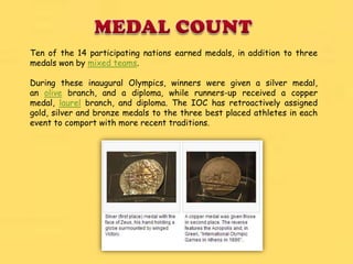 Ten of the 14 participating nations earned medals, in addition to three
medals won by mixed teams.

During these inaugural Olympics, winners were given a silver medal,
an olive branch, and a diploma, while runners-up received a copper
medal, laurel branch, and diploma. The IOC has retroactively assigned
gold, silver and bronze medals to the three best placed athletes in each
event to comport with more recent traditions.
 