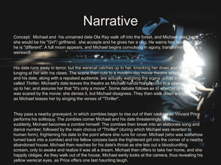 Narrative
Concept: Michael and his unnamed date Ola Ray walk off into the forest, and Michael asks her if
she would be his "Girl"/ girlfriend. she accepts and he gives her a ring. He warns her, however, that
he is "different". A full moon appears, and Michael begins convulsing in agony, transforming into a
werewolf.


His date runs away in terror, but the werecat catches up to her, knocking her down and begins
lunging at her with his claws. The scene then cuts to a modern-day movie theatre where Michael
and his date, along with a repulsed audience, are actually watching the scene unfold in a movie
called Thriller. Michael's date leaves the theatre as Michael hands his popcorn to a stranger, catches
up to her, and assures her that "It's only a movie". Some debate follows as to whether or not she
was scared by the movie: she denies it, but Michael disagrees. They then walk down a foggy road
as Michael teases her by singing the verses of "Thriller".


They pass a nearby graveyard, in which zombies begin to rise out of their caskets as Vincent Price
performs his soliloquy. The zombies corner Michael and his date threateningly, and
suddenly, Michael becomes a zombie himself. The zombies then break into an elaborate song and
dance number, followed by the main chorus of "Thriller" (during which Michael was reverted to
human form), frightening his date to the point where she runs for cover. Michael (who was somehow
turned back into a zombie) and his fellow corpses back the frightened girl into the corner of a nearby
abandoned house. Michael then reaches for his date's throat as she lets out a bloodcurdling
scream, only to awake and realize it was all a dream. Michael then offers to take her home, and she
happily obliges. As they walk out of the house, Michael eerily looks at the camera, thus revealing his
yellow werecat eyes, as Price offers one last haunting laugh.
 