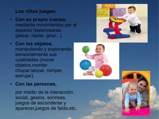 Los niños juegan:
●   Con su propio cuerpo,
    mediante movimientos por el
    espacio (balancearse,
    gatear, reptar, girar...).
●   Con los objetos,
    manipulando y explorando
    sensorialmente sus
    cualidades (mover
    objetos,morder
    chupar,lanzar, romper,
    estrujar).
●   Con las personas,
    por medio de la interacción
    social, gestos, sonrisas,
    juegos de esconderse y
    aparecer,juegos de falda,etc.
 