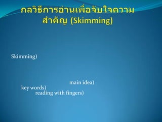 Skimming)



                      main idea)
   key words)
        reading with fingers)
 