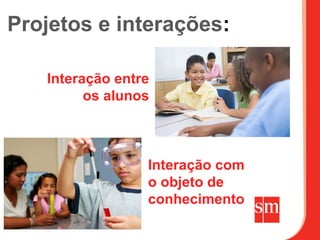 Projetos e interações:

   Interação entre
         os alunos



                 Interação com
                 o objeto de
                 conhecimento
 