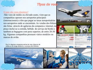 O que são voos classicos?
-São voos de médio ou elevado custo, visto que as
companhias operam nos aeroportos principais
(internacionais) e têm que pagar as taxas aeroportuárias
nos aeroportos onde se encontram. As vendas dos biletes
são feitas através de agências da compania e internet, no
preço inclui-se a comida, bebida do serviço de bordo e
tambem as bagagens com peso superior, de entre 20-30
kg. Algumas companhias possuem vários modelos ou
marcas de avião.
Fig.14- Algumas companias aerias de voos clássicos de
media ou de longa distância, os preços dos bilhetes.
 