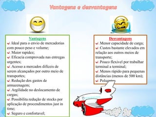 Vantagens
Ideal para o envio de mercadorias
com pouco peso e volume;
Maior rapidez;
Eficacia comprovada nas entregas
urgentes;
Acesso a mercados difíceis de
serem alcançados por outro meio de
transportes;
Redução dos gastos de
armazenagem;
Argilidade no deslocamento de
cargas;
Possibilita redução de stocks por
aplicação de procendimentos just in
time;
Seguro e confortavel;
Desvantagens
Menor capacidade de carga;
Custos bastante elevados em
relação aos outros meios de
transporte;
Pouco flexivel por trabalhar
terminal a terminal;
Menos rápido para pequenas
distâncias (menos de 500 km);
Poluente;
 