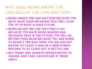  Being above the line matters because you
have made good decisions that will lead
you up to have a good future.
 Being below the line matters a lot
because you have being making bad
decisions that in the future you will be
hitting your head because you are going
to regret the bad thing you did and not
having at least a GED or a high school
diploma to at least get a better job.
 But there are always opportunities to
change and take advantage if there
are!!!
 