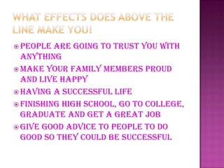  People are going to trust you with
anything
 Make your family members proud
and live happy
 Having a successful life
 Finishing high school, go to college,
graduate and get a great job
 Give good advice to people to do
good so they could be successful
 