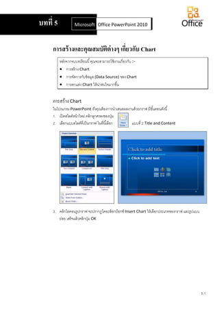 5.1
การสร้างและคุณสมบัติต่างๆ เกี่ยวกับ Chart
หลังจากจบบทเรียนนี้คุณจะสามารถใช้งานเกี่ยวกับ :-
 การสร้าง Chart
 การจัดการกับข้อมูล (Data Source) ของ Chart
 การตกแต่ง Chart ให้น่าสนใจมากขึ้น
การสร้าง Chart
ในโปรแกรม PowerPoint ถ้าคุณต้องการนาเสนอผลงานด้วยกราฟ มีขั้นตอนดังนี้
1. เปิดสไลด์หน้าใหม่ คลิกลูกศรลงของปุ่ม
2. เลือกแบบสไลด์ที่เป็นกราฟ ในที่นี้เลือก แบบที่ 2 Title and Content
3. คลิกไอคอนรูปกราฟ จะปรากฏไดอะล็อกบ็อกซ์ Insert Chart ให้เลือกประเภทของกราฟ และรูปแบบ
ย่อย เสร็จแล้วคลิกปุ่ม OK
บทที่ 5 Microsoft Office Word 2007Office PowerPoint 2010
 