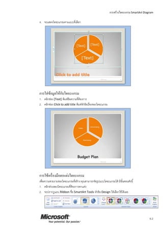 การสร้างไดอะแกรม SmartArt Diagram
6.2
4. จะแสดงไดอะแกรมตามแบบที่เลือก
การใส่ข้อมูลให้กับไดอะแกรม
1. คลิกช่อง [Text] พิมพ์ข้อความที่ต้องการ
2. คลิกช่อง Click to add title พิมพ์หัวข้อเรื่องของไดอะแกรม
การใช้เครื่องมือตกแต่งไดอะแกรม
เพื่อความสวยงามของไดอะแกรมที่สร้าง คุณสามารถจัดรูปแบบไดอะแกรมได้ มีขั้นตอนดังนี้
1. คลิกส่วนของไดอะแกรมที่ต้องการตกแต่ง
2. จะปรากฏแถบ Ribbon ชื่อ SmartArt Tools หัวข้อ Design ให้เลือกใช้ได้เลย
 