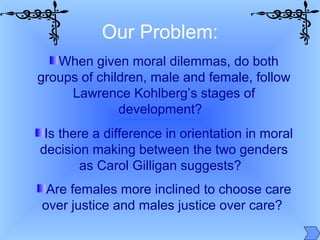 When given moral dilemmas, do both
groups of children, male and female, follow
Lawrence Kohlberg’s stages of
development?
Is there a difference in orientation in moral
decision making between the two genders
as Carol Gilligan suggests?
Are females more inclined to choose care
over justice and males justice over care?
Our Problem:
 
