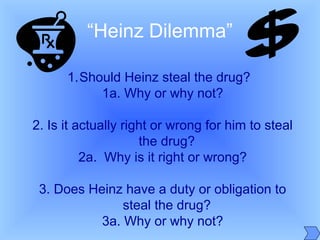 1.Should Heinz steal the drug?
1a. Why or why not?
2. Is it actually right or wrong for him to steal
the drug?
2a. Why is it right or wrong?
3. Does Heinz have a duty or obligation to
steal the drug?
3a. Why or why not?
“Heinz Dilemma”
 