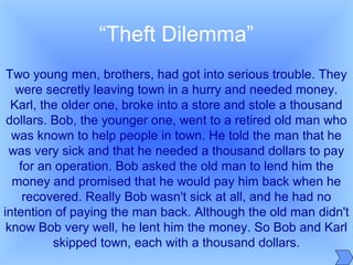 “Theft Dilemma”
Two young men, brothers, had got into serious trouble. They
were secretly leaving town in a hurry and needed money.
Karl, the older one, broke into a store and stole a thousand
dollars. Bob, the younger one, went to a retired old man who
was known to help people in town. He told the man that he
was very sick and that he needed a thousand dollars to pay
for an operation. Bob asked the old man to lend him the
money and promised that he would pay him back when he
recovered. Really Bob wasn't sick at all, and he had no
intention of paying the man back. Although the old man didn't
know Bob very well, he lent him the money. So Bob and Karl
skipped town, each with a thousand dollars.
 