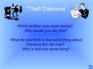 Which brother was more wrong?
Why would you say that?
What do you think is the worst thing about
cheating the old man?
Why is that the worst thing?
“Theft Dilemma”
 