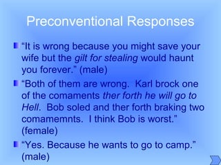 Preconventional Responses
“It is wrong because you might save your
wife but the gilt for stealing would haunt
you forever.” (male)
“Both of them are wrong. Karl brock one
of the comaments ther forth he will go to
Hell. Bob soled and ther forth braking two
comamemnts. I think Bob is worst.”
(female)
“Yes. Because he wants to go to camp.”
(male)
 