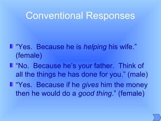 Conventional Responses
“Yes. Because he is helping his wife.”
(female)
“No. Because he’s your father. Think of
all the things he has done for you.” (male)
“Yes. Because if he gives him the money
then he would do a good thing.” (female)
 