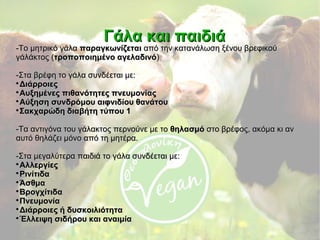 Γάλα και παιδιάΓάλα και παιδιά
--Το μητρικό γάλαΤο μητρικό γάλα παραγκωνίζεταιπαραγκωνίζεται από την κατανάλωση ξένου βρεφικούαπό την κατανάλωση ξένου βρεφικού
γάλάκτος (γάλάκτος (τροποποιημένο αγελαδινότροποποιημένο αγελαδινό))
-Στα βρέφη το γάλα συνδέεται με:-Στα βρέφη το γάλα συνδέεται με:

ΔιάρροιεςΔιάρροιες

Αυξημένες πιθανότητες πνευμονίαςΑυξημένες πιθανότητες πνευμονίας

Αύξηση συνδρόμου αιφνιδίου θανάτουΑύξηση συνδρόμου αιφνιδίου θανάτου

Σακχαρώδη διαβήτη τύπου 1Σακχαρώδη διαβήτη τύπου 1
-Τα αντιγόνα του γάλακτος περνούνε με το-Τα αντιγόνα του γάλακτος περνούνε με το θηλασμόθηλασμό στο βρέφος, ακόμα κι ανστο βρέφος, ακόμα κι αν
αυτό θηλάζει μόνο από τη μητέρα.αυτό θηλάζει μόνο από τη μητέρα.
-Στα μεγαλύτερα παιδιά το γάλα συνδέεται με:-Στα μεγαλύτερα παιδιά το γάλα συνδέεται με:

ΑλλεργίεςΑλλεργίες

ΡινίτιδαΡινίτιδα

ΆσθμαΆσθμα

ΒρογχίτιδαΒρογχίτιδα

ΠνευμονίαΠνευμονία

Διάρροιες ή δυσκοιλιότηταΔιάρροιες ή δυσκοιλιότητα

Έλλειψη σιδήρου και αναιμίαΈλλειψη σιδήρου και αναιμία
 