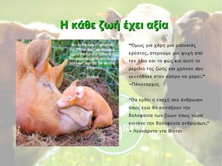 Η κάθε ζωή έχει αξίαΗ κάθε ζωή έχει αξία
“ πΌμως για χάρη μια μ ουκιάς
, πκρέατος στερούμε μια ψυχή α ό
τον ήλιο και το φώς και αυτό το
πμερίδιο της ζωής και χρόνου ου
.”γεννήθηκε στον κόσμο να χαρεί
~Πλούταρχος
" π π πΘα έρθει η ε οχή ου άνθρω οι
πό ως εγώ θα κοιτάξουν την
πδολοφονία των ζώων ό ως τώρα
π ."κοιτάνε την δολοφονία ανθρώ ων
~ Λεονάρντο ντα Βίντσι
 