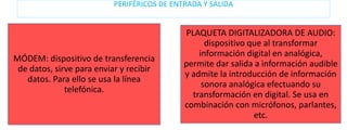 PERIFÉRICOS DE ENTRADA Y SALIDA

MÓDEM: dispositivo de transferencia
de datos, sirve para enviar y recibir
datos. Para ello se usa la línea
telefónica.

PLAQUETA DIGITALIZADORA DE AUDIO:
dispositivo que al transformar
información digital en analógica,
permite dar salida a información audible
y admite la introducción de información
sonora analógica efectuando su
transformación en digital. Se usa en
combinación con micrófonos, parlantes,
etc.

 