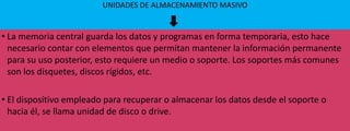 UNIDADES DE ALMACENAMIENTO MASIVO

• La memoria central guarda los datos y programas en forma temporaria, esto hace
necesario contar con elementos que permitan mantener la información permanente
para su uso posterior, esto requiere un medio o soporte. Los soportes más comunes
son los disquetes, discos rígidos, etc.
• El dispositivo empleado para recuperar o almacenar los datos desde el soporte o
hacia él, se llama unidad de disco o drive.

 