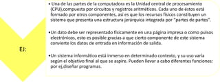 • Una de las partes de la computadora es la Unidad central de procesamiento

(CPU),compuesta por circuitos y registros aritméticos. Cada uno de éstos está
formado por otros componentes, así es que los recursos físicos constituyen un
sistema que presenta una estructura jerárquica integrada por “partes de partes”.
•Un dato debe ser representado físicamente en una página impresa o como pulsos
electrónicos, esto es posible gracias a que cierto componente de este sistema
convierte los datos de entrada en información de salida.

EJ:
•Un sistema informático está inmerso en determinado contexto, y su uso varía
según el objetivo final al que se aspire. Pueden llevar a cabo diferentes funciones:
por ej,diseñar programas.

 