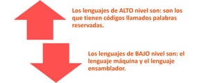 Los lenguajes de ALTO nivel son: son los
que tienen códigos llamados palabras
reservadas.

Los lenguajes de BAJO nivel son: el
lenguaje máquina y el lenguaje
ensamblador.

 