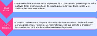 DISCO
RÍGIDO

DISCO
FLEXIBLE

•Sistema de almacenamiento más importante de la computadora y en él se guardan los
archivos de los programas , hojas de cálculo, procesadores de texto, juegos y los
archivos de cartas y otros datos.

•Conocido también como disquete, dispositivo de almacenamiento de datos formado
por una pieza circular flexible de un material magnético que permite la grabación y
lectura de datos. Ubicada dentro de una cubierta de plástico.

 