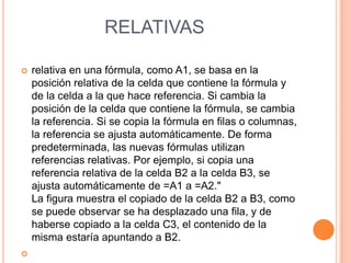 RELATIVAS




relativa en una fórmula, como A1, se basa en la
posición relativa de la celda que contiene la fórmula y
de la celda a la que hace referencia. Si cambia la
posición de la celda que contiene la fórmula, se cambia
la referencia. Si se copia la fórmula en filas o columnas,
la referencia se ajusta automáticamente. De forma
predeterminada, las nuevas fórmulas utilizan
referencias relativas. Por ejemplo, si copia una
referencia relativa de la celda B2 a la celda B3, se
ajusta automáticamente de =A1 a =A2."
La figura muestra el copiado de la celda B2 a B3, como
se puede observar se ha desplazado una fila, y de
haberse copiado a la celda C3, el contenido de la
misma estaría apuntando a B2.

 