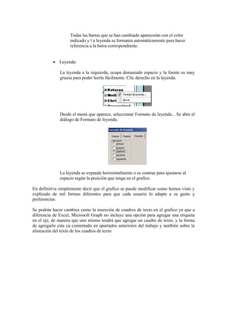 Todas las barras que se han cambiado aparecerán con el color
indicado y l a leyenda se formatea automáticamente para hacer
referencia a la barra correspondiente.
• Leyenda:
La leyenda a la izquierda, ocupa demasiado espacio y la fuente es muy
gruesa para poder leerla fácilmente. Clic derecho en la leyenda.

Desde el menú que aparece, seleccionar Formato de leyenda... Se abre el
diálogo de Formato de leyenda.

La leyenda se expande horizontalmente o se contrae para ajustarse al
espacio según la posición que tenga en el grafico.
En definitiva simplemente decir que el grafico se puede modificar como hemos visto y
explicado de mil formas diferentes para que cada usuario lo adapte a su gusto y
preferencias.
Se podrán hacer cambios como la inserción de cuadros de texto en el grafico ya que a
diferencia de Excel, Microsoft Graph no incluye una opción para agregar una etiqueta
en el eje, de manera que uno mismo tendrá que agregar un cuadro de texto, y la forma
de agregarlo esta ya comentado en apartados anteriores del trabajo y también sobre la
alineación del texto de los cuadros de texto

 