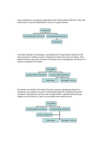 Ahora añadiremos un elemento dependiente del Vicepresidente Deportivo. Para ello
utilizaremos la opción Subordinado vista en la imagen anterior:

Tras haber añadido un Entrenador, subordinado del Vicepresidente Deportivo del
club, pasaremos a añadir un nuevo estamento al mismo nivel que este último. Para
añadir elementos que estén al mismo nivel dentro de un organigrama utilizaremos la
opción Compañero de Trabajo:

Por último, tras añadir al Secretario Técnico a nuestro organigrama deportivo,
añadiremos un ayudante a nuestro Vicepresidente Deportivo mediante la opción
Ayudante. Cabe destacar que éste solo se podrá añadir a aquellos elementos que
tengan un nivel inferior, ya que es un escalafón entre ambos niveles:

 